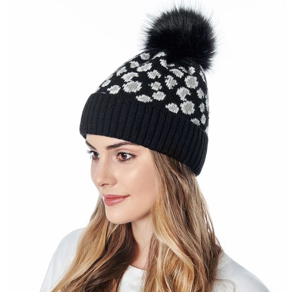 Trendy Black Leopard Knit Pom Pom Beanie - Picture 3 of 16